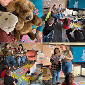 Collage of photos from SEL classes in kindergarten classrooms, showing CAPACares staff engaging with students.