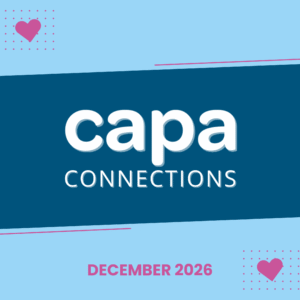 CAPA Connections December 2026 on a blue background with pink hearts